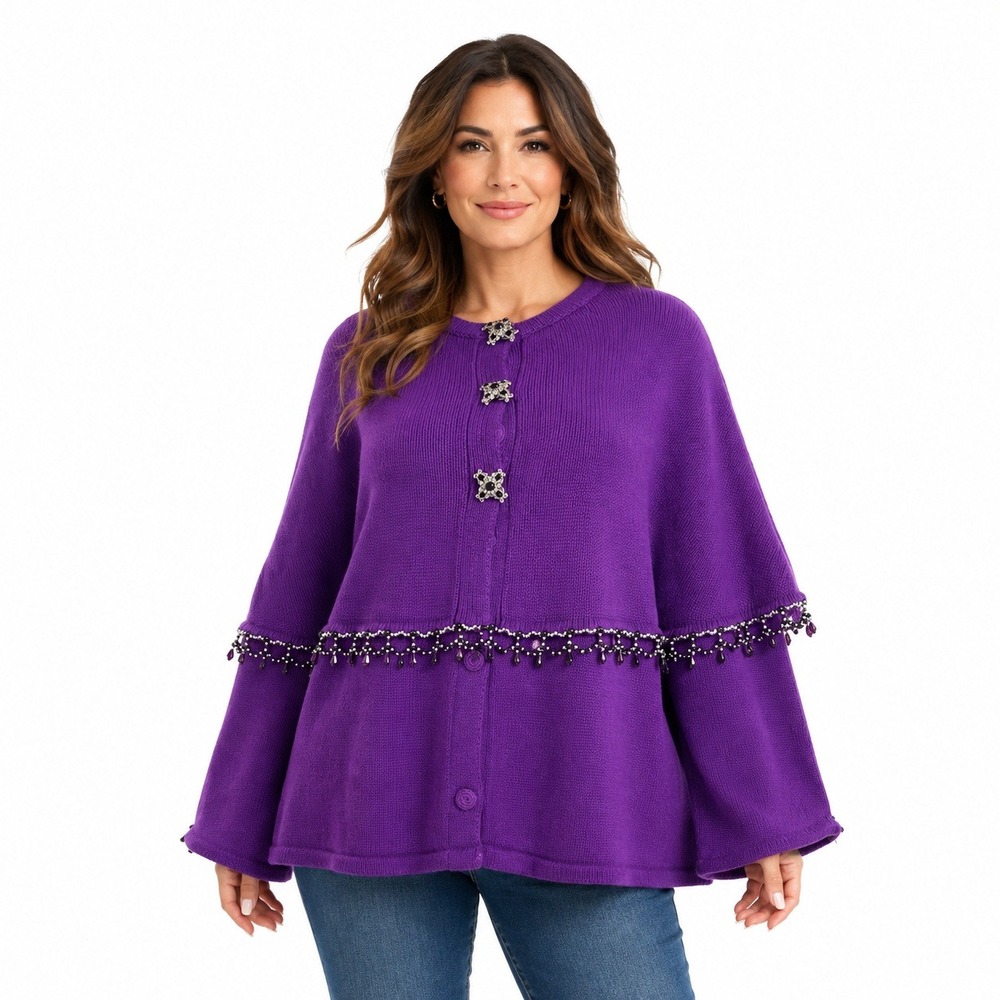 Storybook Knits Cardigan Women XL Purple Beaded Capelet Sweater 2-Piece Set